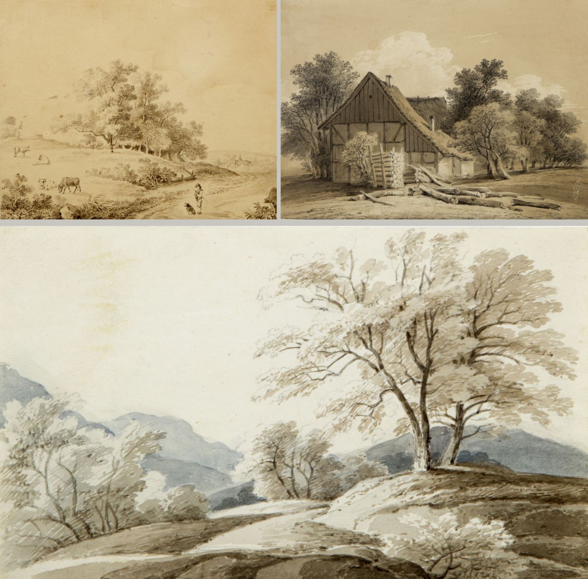 Kunkler, Adolf. 1792 - Gnadenberg bei Bunzlau - 1866 Landschaften. Bauernkate. Personenstudien. 5 Bl