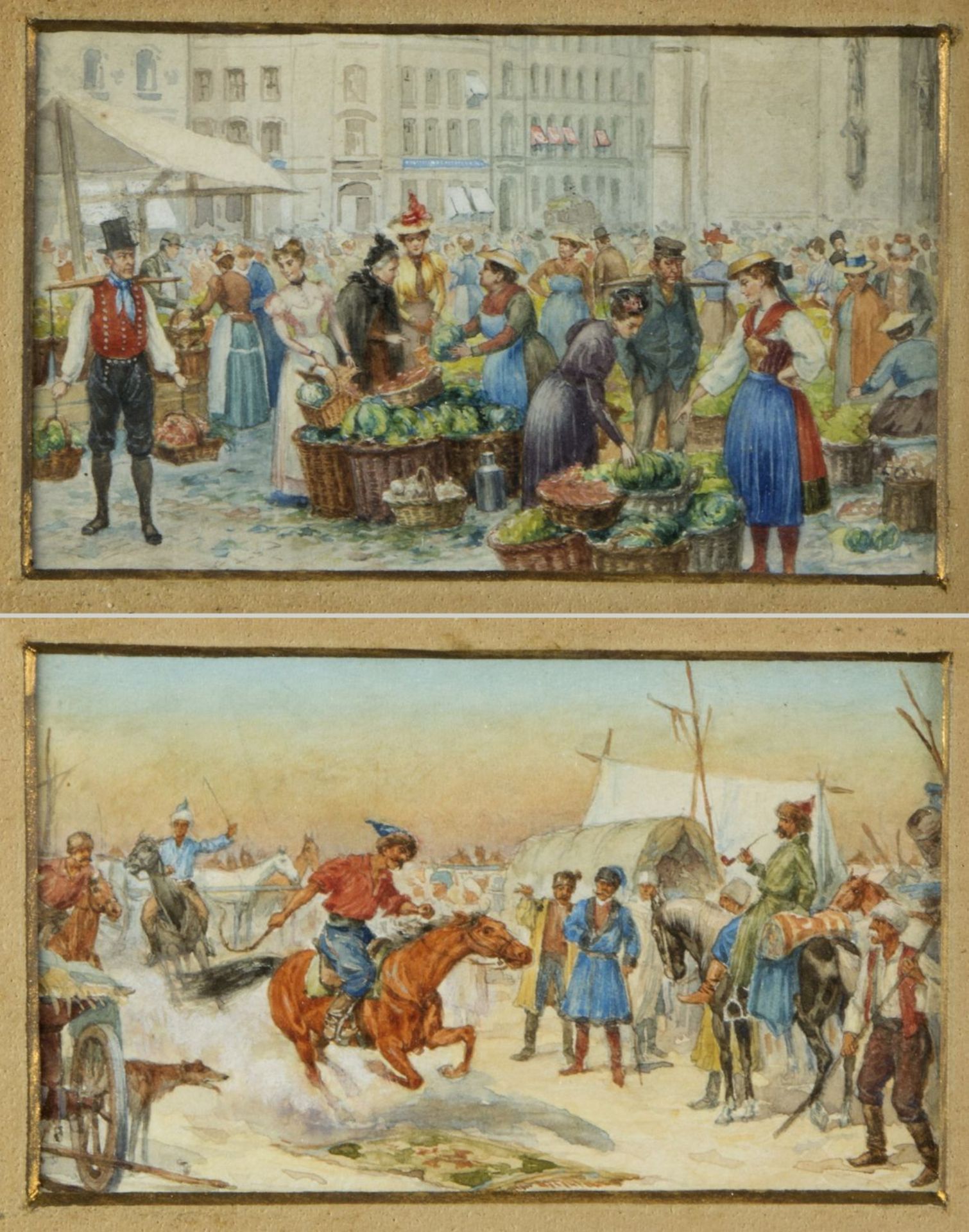 Deutsch, 19. Jh. Ungarischer Pferdemarkt. Blumenmarkt in Holland. 2 Aquarelle. 5 x 10 cm.