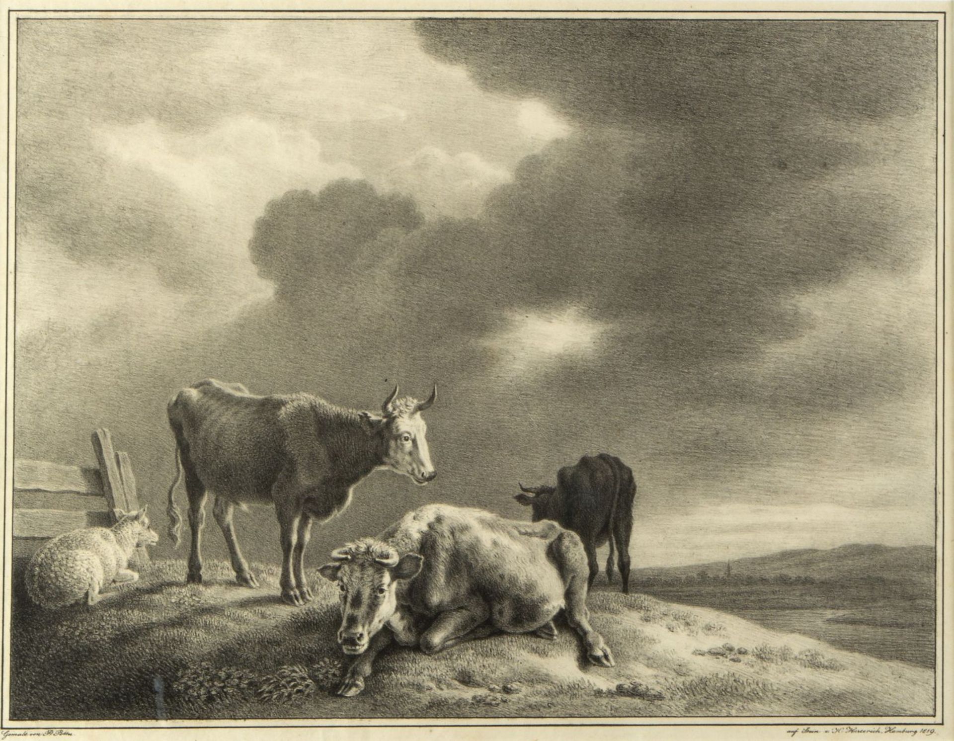 Reinhart, Johann Christian u.a. Die Versuchung Jesu. Allegorie der Wissenschaft. Kühe. 2 Radierungen - Bild 3 aus 4