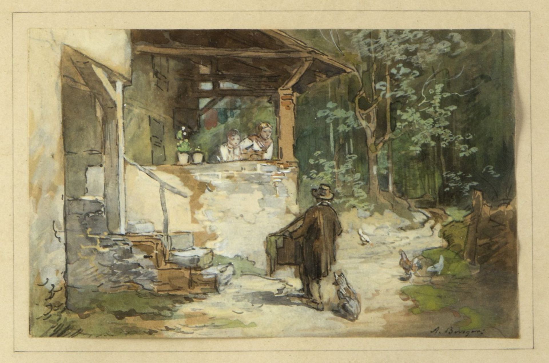 Burger, Anton. 1824 Frankfurt/Main - Kronberg 1905 Drehorgelmann an einem Häuschen im Wald. Aquarell