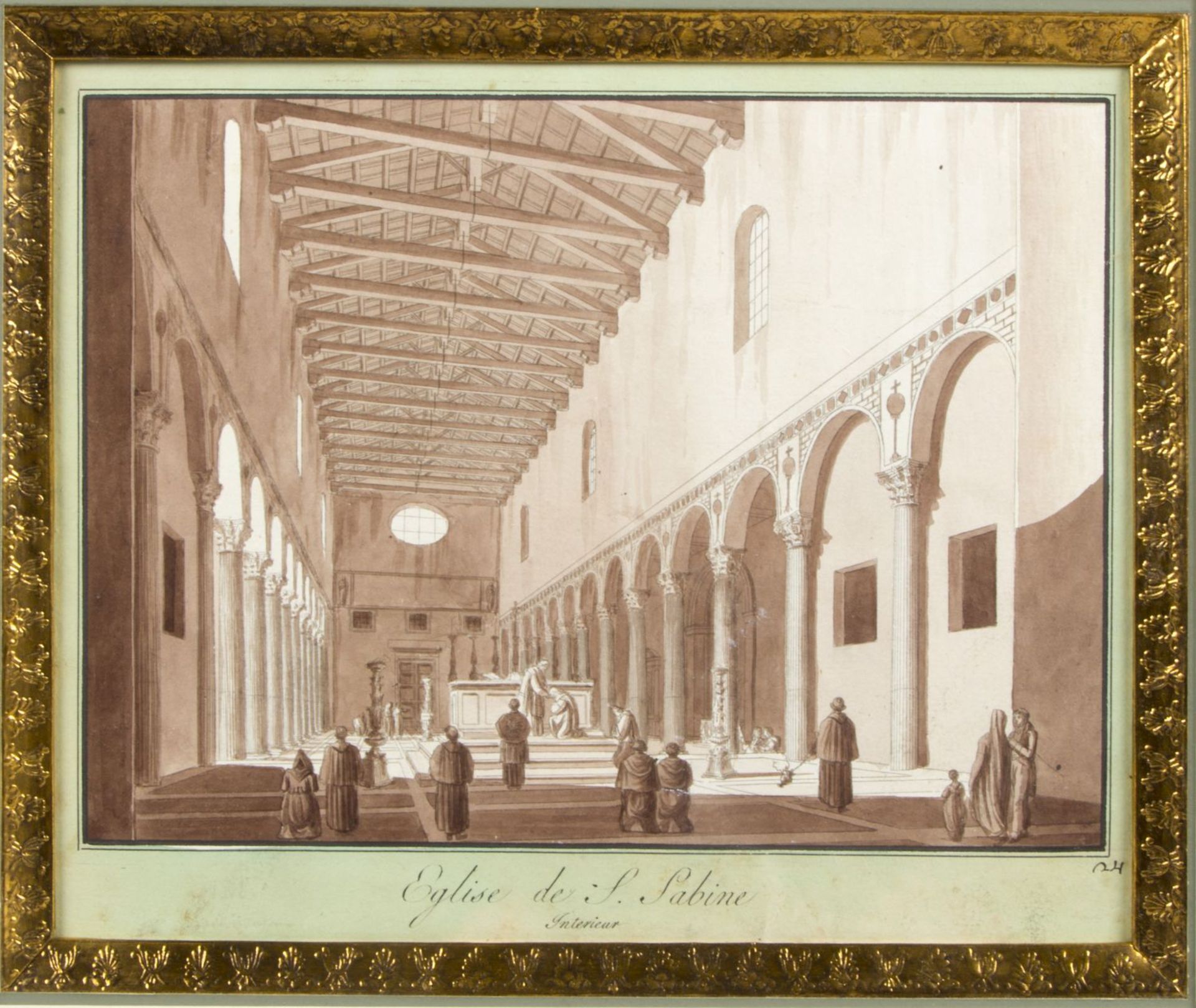 Uggeri, Angelo. 1754 - 1837. Zugeschrieben Eglise de S. Sabine Interieur. Braun lavierte Tuschfederz