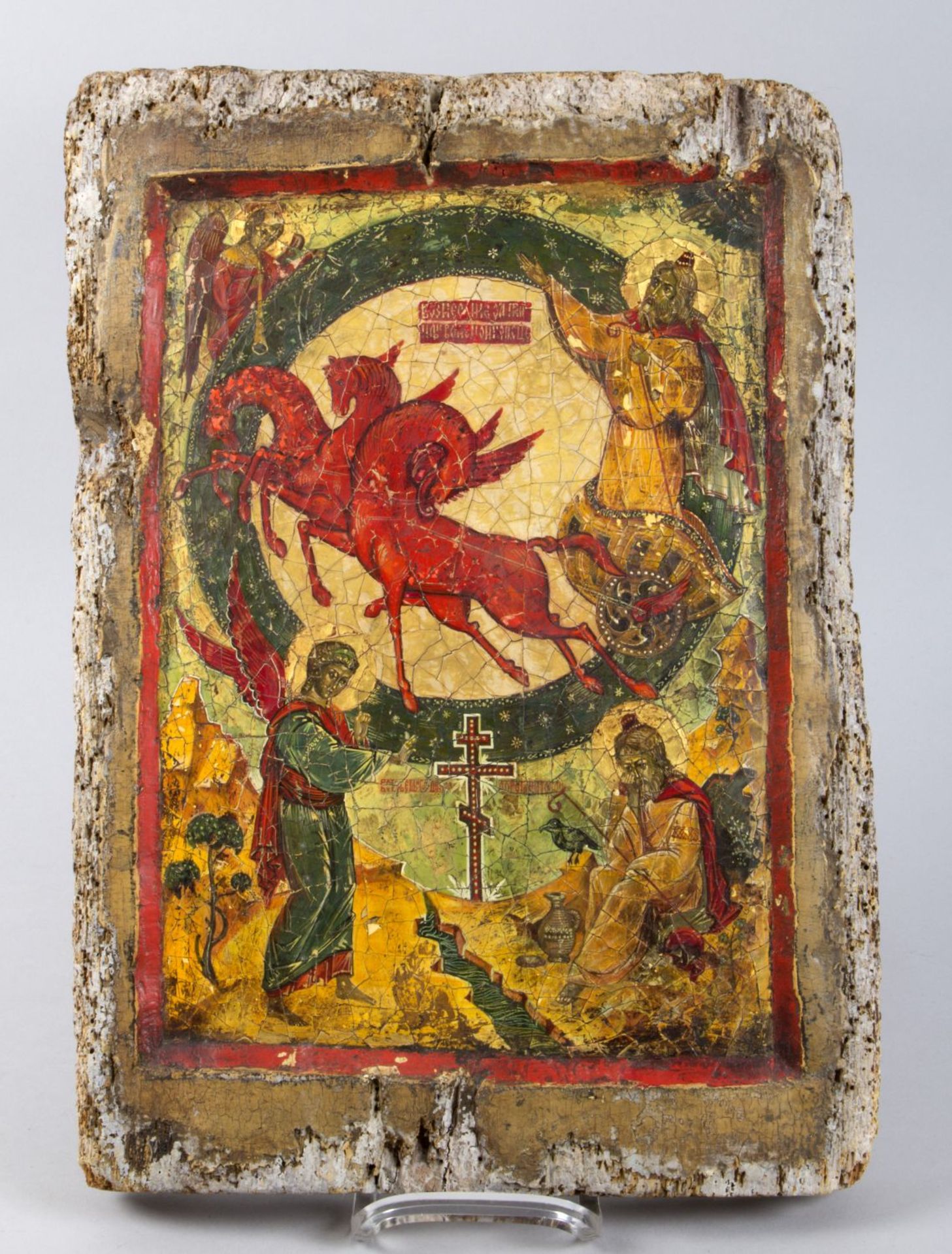 Ikone Der Prophet Elija im feurigen Streitwagen. Tempera auf Holz. Russland, wohl 20. Jh. 45 x 33 cm