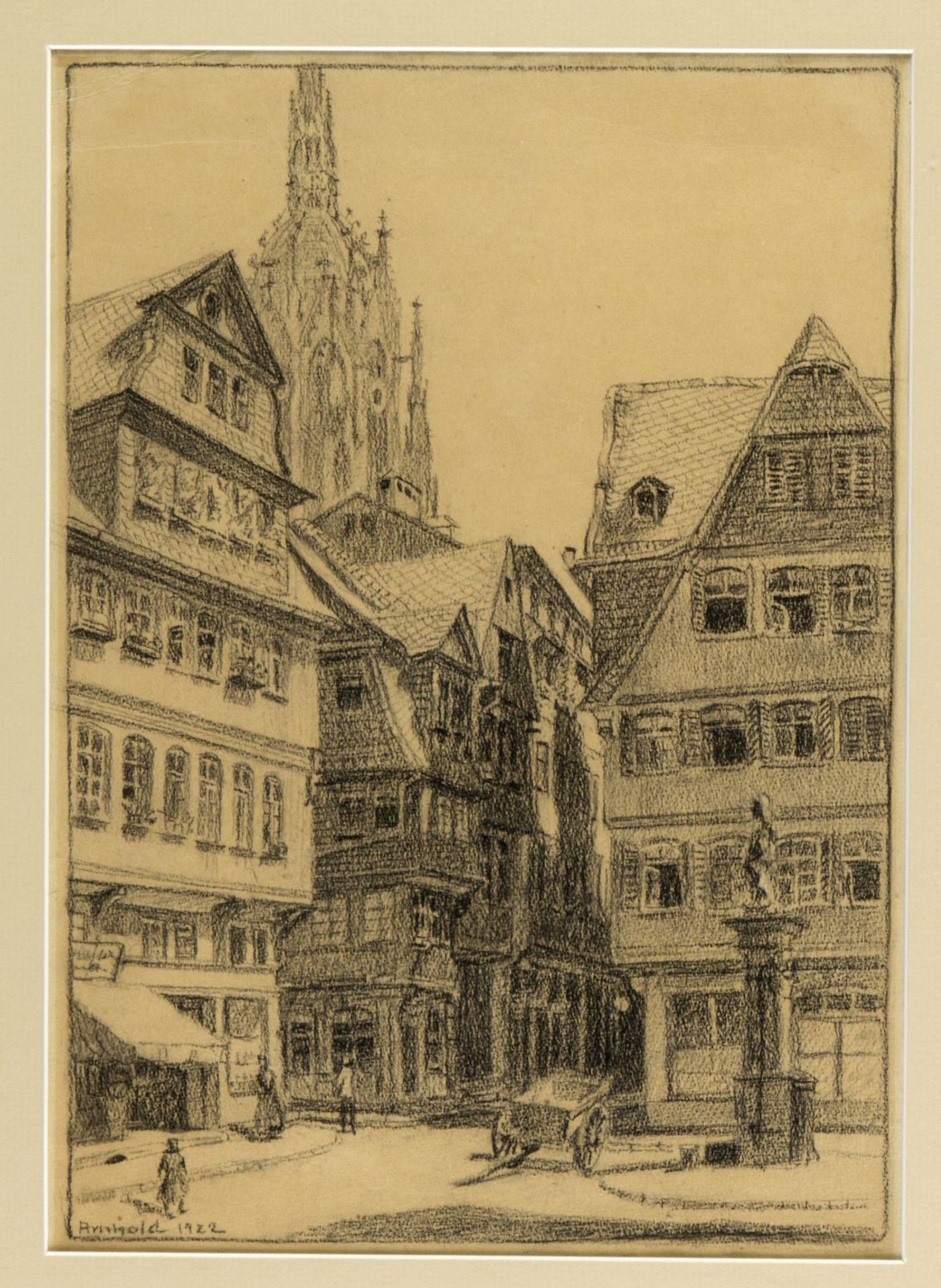 Arnhold, Franz Frankfurter Innenstadt mit Sankt Bartholomäus. Kohlezeichn. Sign. und dat. 1922. 33 x