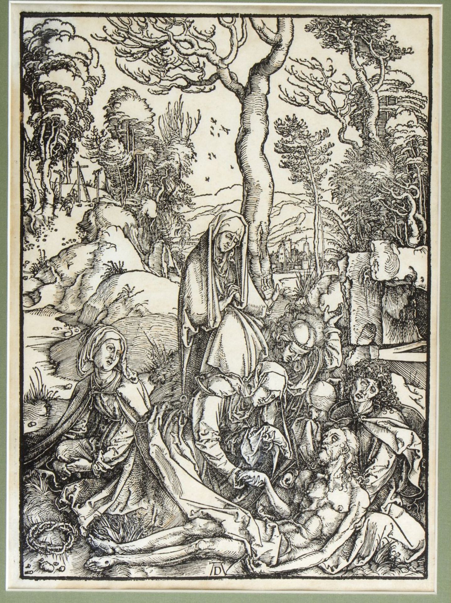 Dürer, Albrecht (?) Beweinung Christi. Holzschnitt. Im Stock monogr. 39,5 x 29 cm.