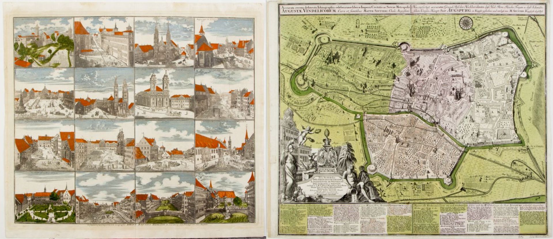 Homann. Seutter Ansichten von Nürnberg. Augsburg aus der Vogelschau. 2 kol. Radierungen. Bis 49,5 x 