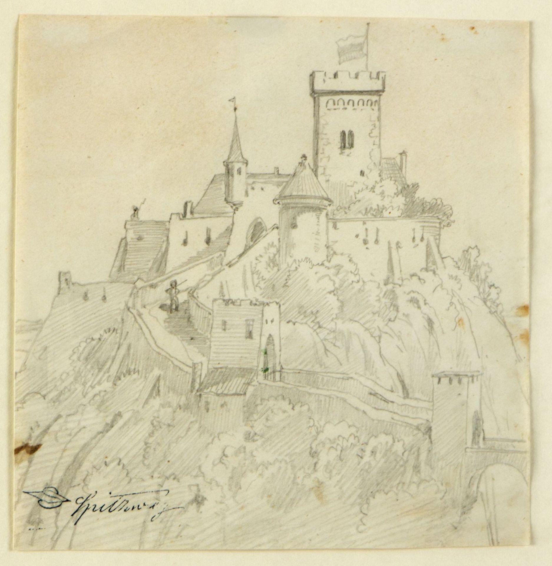 Spitzweg, Carl. 1808 - München - 1885 Burg auf einem Berg. Bleistiftzeichn. Stempelsignatur. 16,5 x 