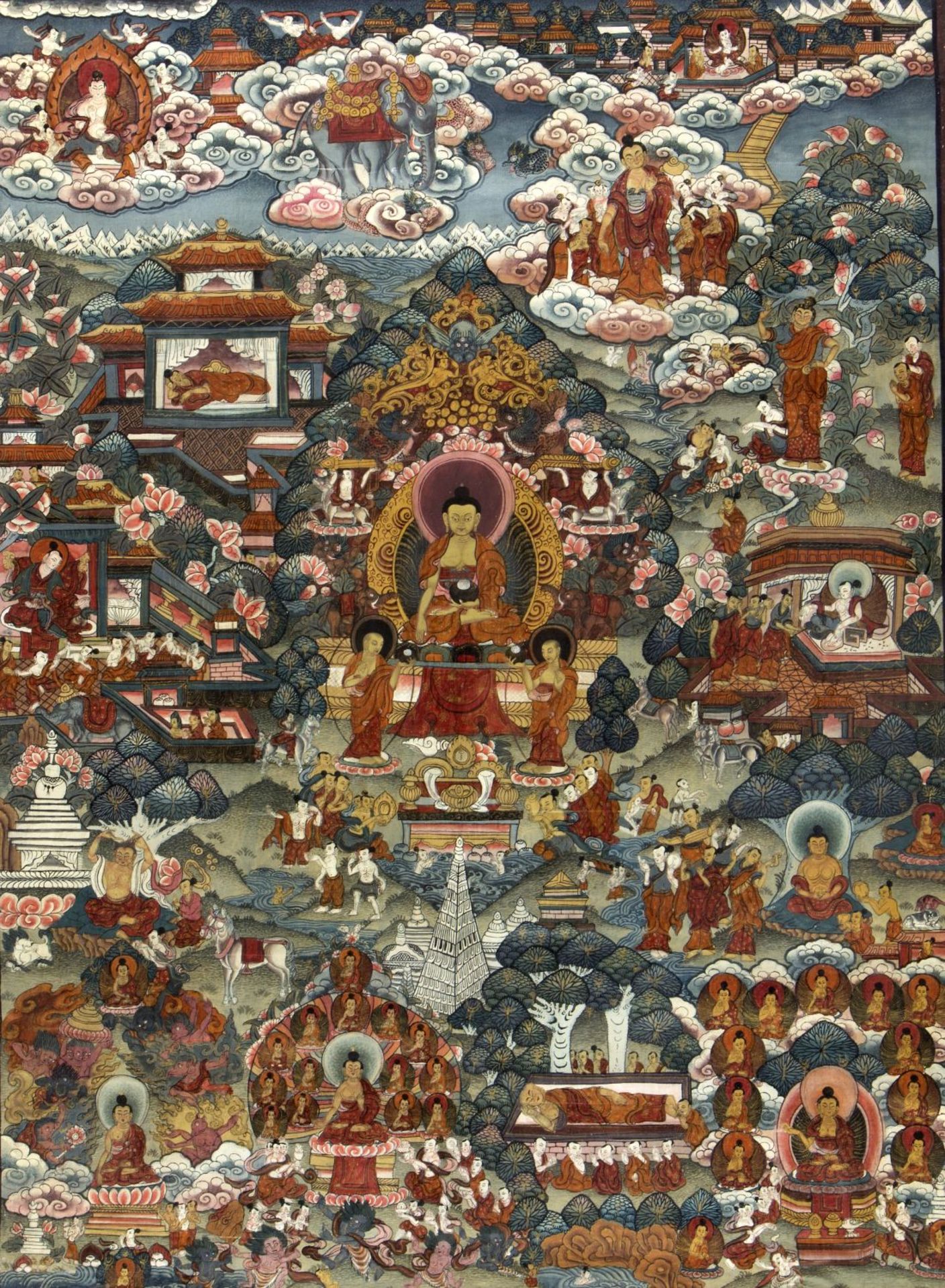 Thangka Tempera auf Leinwand. Versch. Buddhadarstellungen. Tibet. 75 x 55 cm. Gerahmt.