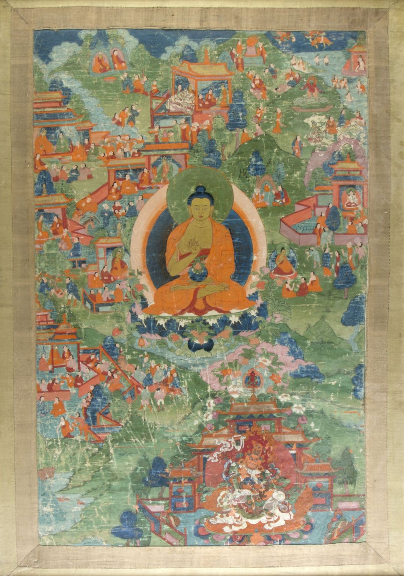 Thangka Tempera auf Leinwand. Mittig Buddhadarstellung, umgeben von versch. figürlichen Szenen. Tibe