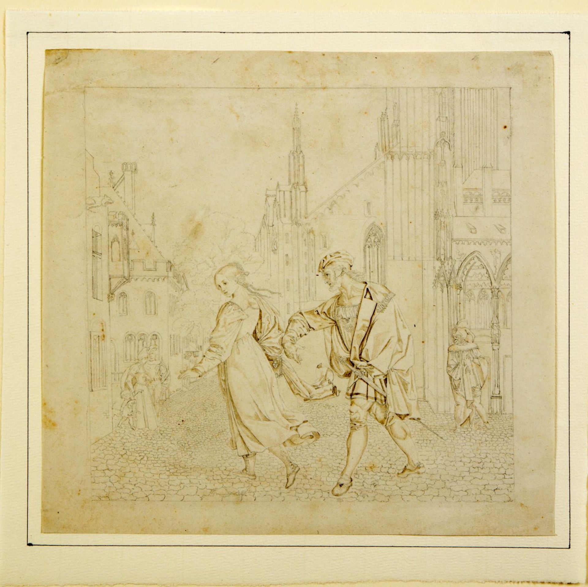 Deutsch, um 1800 Faust begegnet Gretchen vor der Kirche. Bleistiftzeichn. 18 x 18,5 cm.