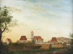 Deutsch, um 1800 Kirche mit umstehenden Gebäuden. Öl/Lwd., doubliert. 51,5 x 70 cm. Gerahmt. Stark b