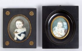 Deutsch, 19. Jh. Kinderportraits. 2 Miniaturmalereien. Bis 7 x 6 cm.