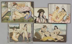 Indien, 20. Jh. Erotische Darstellungen. Portrait. 5 Miniaturmalereien. Bis 8,5 x 15,5 cm.