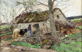 Mühlig, Hugo. 1854 Dresden - Düsseldorf 1929 Bauern mit einer Kuh vor ihrer Kate. Gouache. Sign. 14 