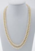 Perlenkette, 2-reihig Champagnerfarbene Akoya-Zuchtperlen, D. ca. 7,5-7,9 mm. Verschluss aus Weißgol