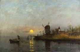 Smith-Hald, Frithjof. 1846 Kristiansand - Chicago 1903 Vollmond über einer Küste mit einer Windmühle
