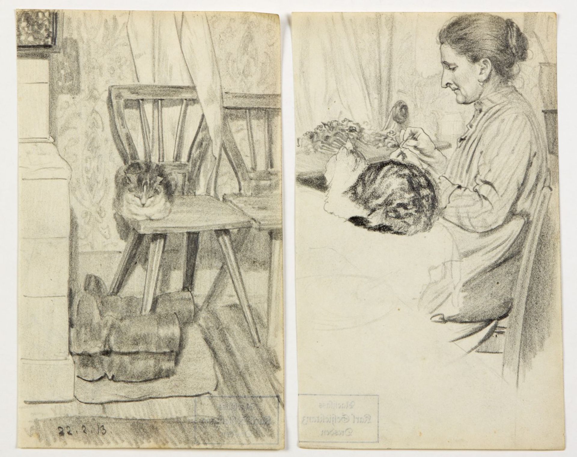 Schicktanz, Karl Frau mit einer Katze. Katze auf einem Stuhl. 2 Bleistiftzeichn. 20 x 12 cm. Verso m