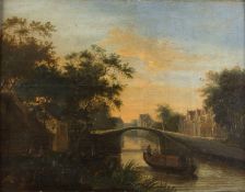 Niederlande, um 1800 Stadt an einem Fluss am Abend. Öl/Holz. 48 x 63 cm. Gerahmt. Die Holzplatte war