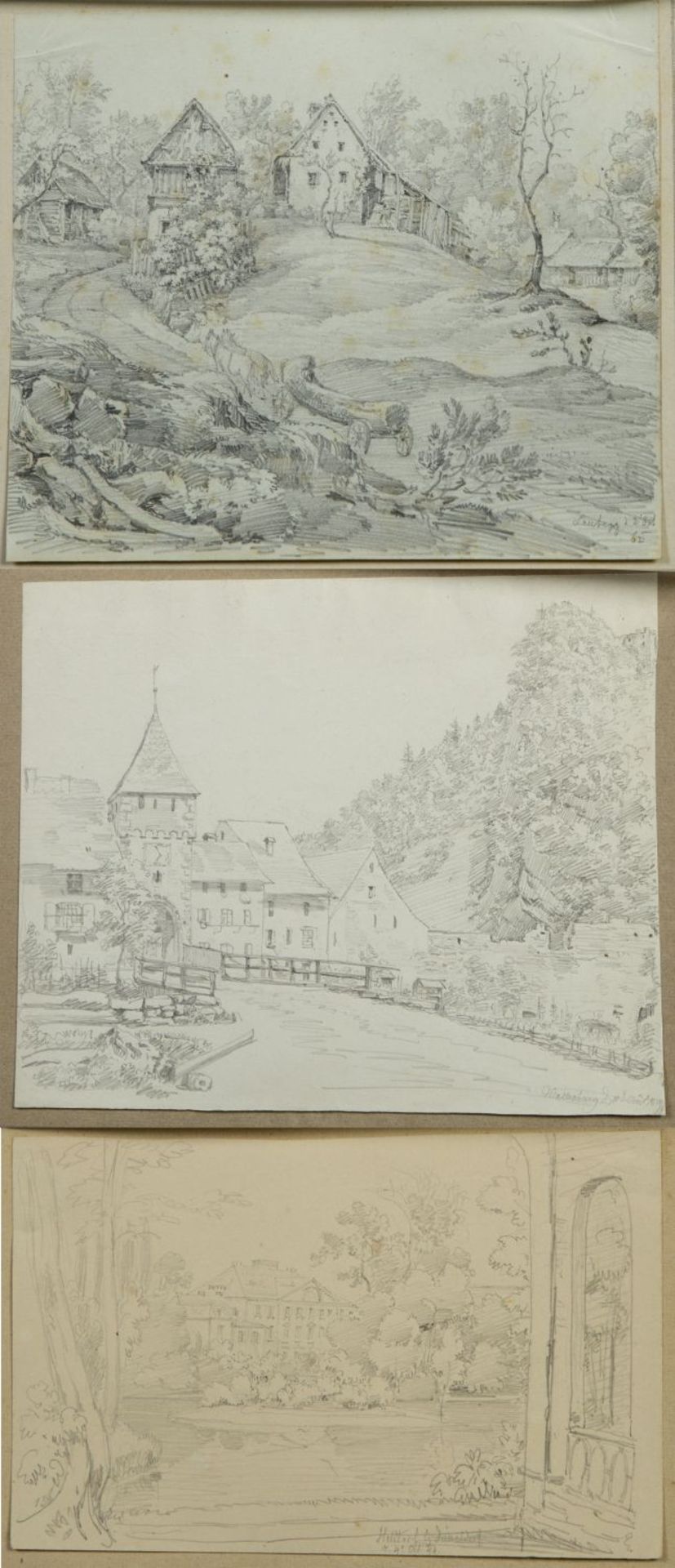 Deutsch, 19. Jh. Gebäude. Ortsansichten und Landschaften. 18 Bleistiftzeichn. Bis 23 x 33 cm.