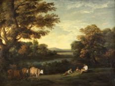Unbekannt, 19. Jh. Hirten und Kühe in einer herbstlichen Landschaft. Öl/Lwd., doubliert. 66 x 87 cm.