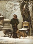 Rettig, Heinrich. 1859 Breslau - München 1921 Junger Reisigsammler mit seinem Hund im Schnee. Öl/Kar