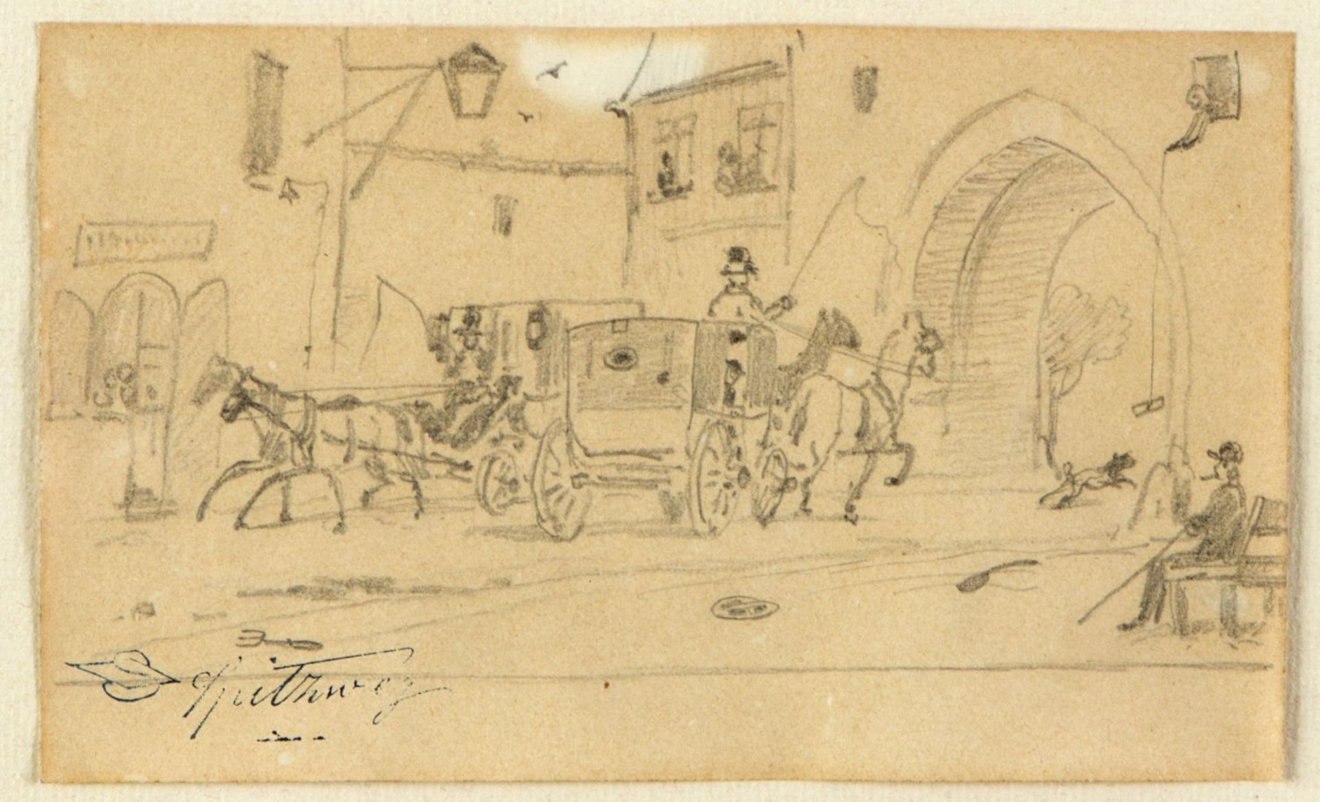 Spitzweg, Carl. 1808 - München - 1885 Kutschen vor einem Stadttor. Bleistiftzeichn. Stempelsignatur.