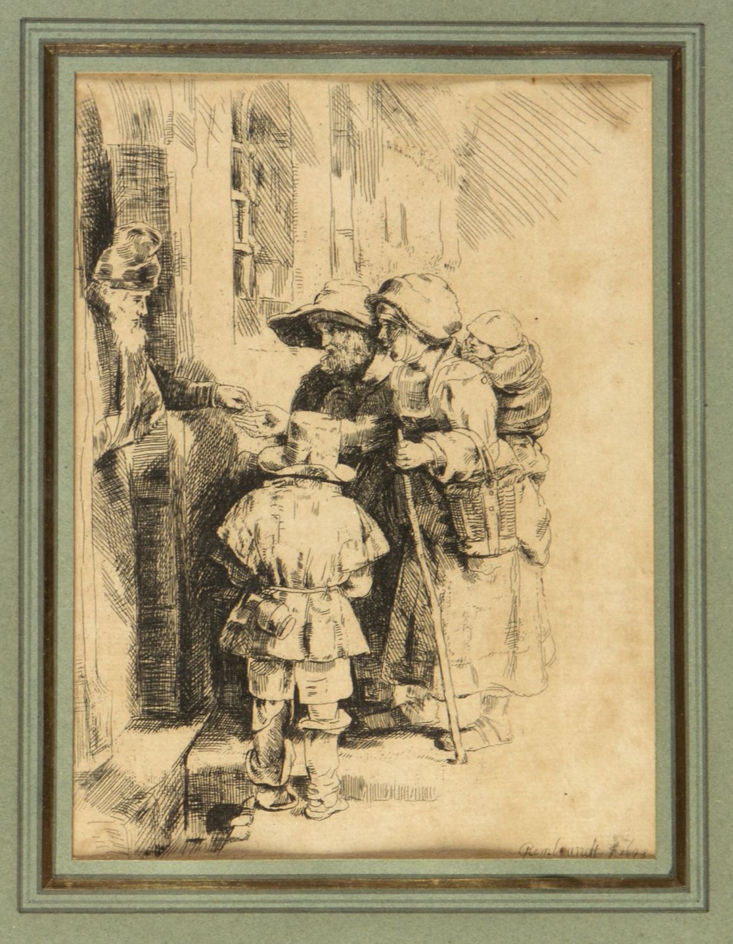 Rembrandt. Kopie Bettler an der Haustüre. Radierung. 16,5 x 12 cm. In das Passepartout montiert, geb