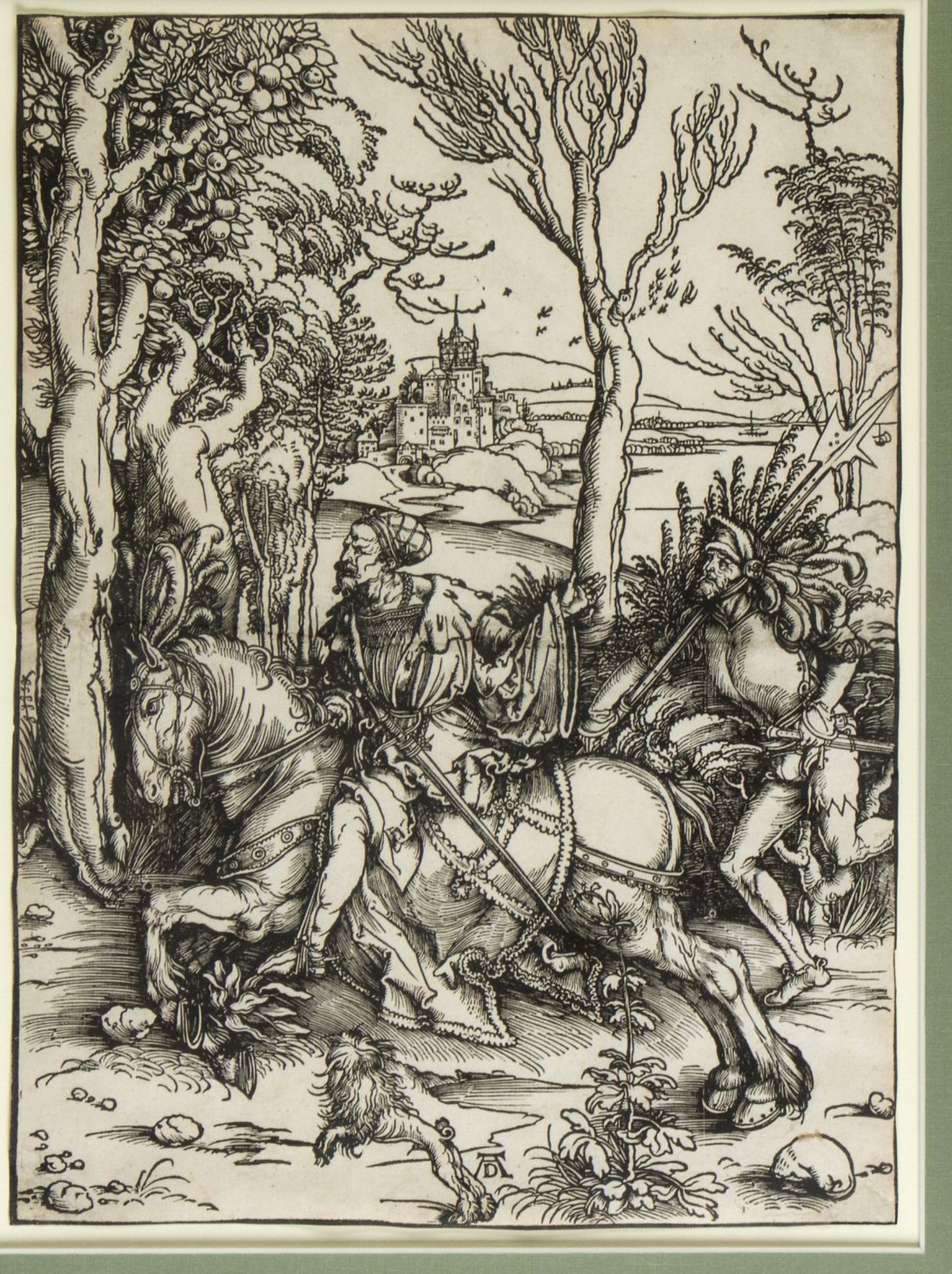 Dürer, Albrecht (?) Reiter und Landsknecht. Holzschnitt. Im Stock monogr. 38,5 x 28,5 cm. Um den Dar