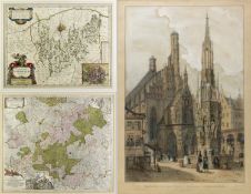 Lotter. Blaeu. Bajot Karte von Franken. Territorium Nürnberg. Frauenkirche und Schönbrunnen in Nürnb