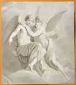 Deutsch, 19. Jh. Zwei sich umarmende Engel in den Wolken. Lavierte Bleistiftzeichn. 23 x 21 cm.