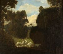 Lischke, F.P. Weiße Pferde an einer Wasserstelle im dunklen Wald. Öl/Holz. Sign. und dat. 1920. 63 x