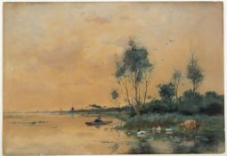 Rip, Willem Cornelis. 1856 - 1922 Holländische Flusslandschaft. Aquarell. Sign. 39 x 57 cm.
