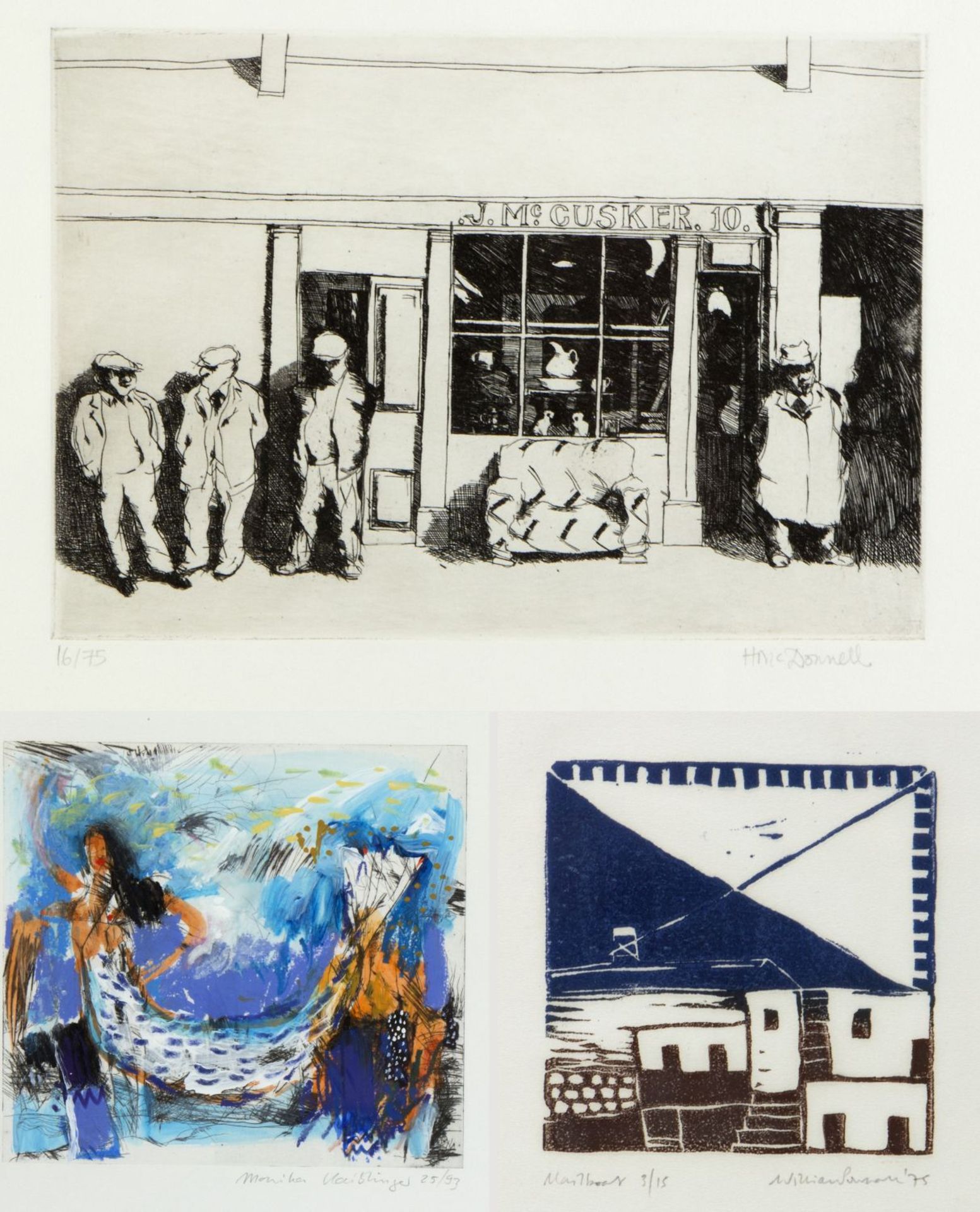 Mc. Donnell, H. Pownall, W. Kaiblinger, M. Männer vor einem Laden. Mailboat. Nixe. 3 Bll. versch. Te