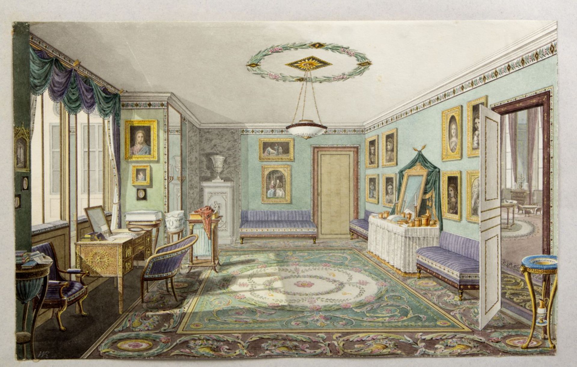 Monogrammist W.R. Interieur eines Schlosses. Aquarell und Tuschzeichn. Monogr. 17 x 28 cm.