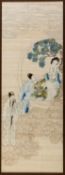 China, 20. Jh. Junge Frau mit zwei Verehrern. Tuschmalerei. 60 x 21,5 cm.
