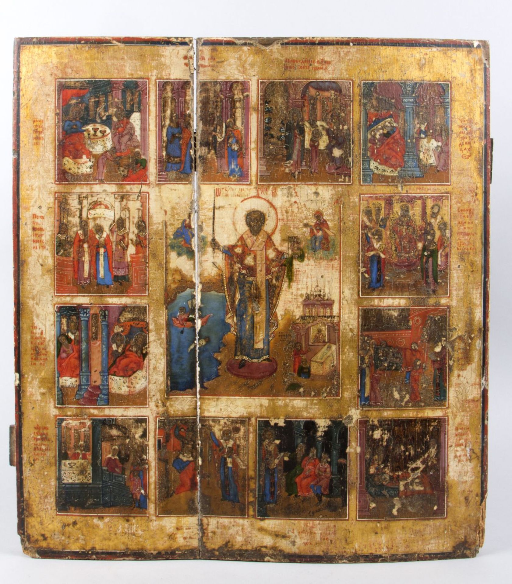 Ikone Heiliger Nikolaus mit Szenen aus seinem Leben. Russland, um 1800. 52,5 x 48 cm. Die Holzplatte