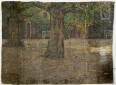 Monogrammist H.A. Bäume in einem Hof. Öl/Lwd. Monogr. 43,5 x 59 cm. Das Werk ist beschn., ohne Keilr