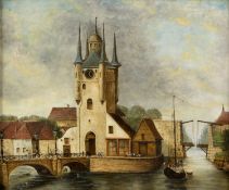 Niederlande, um 1900 Altstadt an einem Fluss. Öl/Lwd. 37,5 x 45,5 cm. Gerahmt.