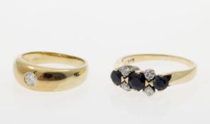 Zwei Ringe Gelbgold und Weißgold 585. Ausgefasst mit Saphiren und Brill. bzw. Bandring ausgefasst mi