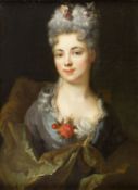 Unbekannt, 18. Jh. Brustbild einer Dame mit Blumen im Haar. Öl/Lwd., doubliert. 49 x 36 cm. Gerahmt.
