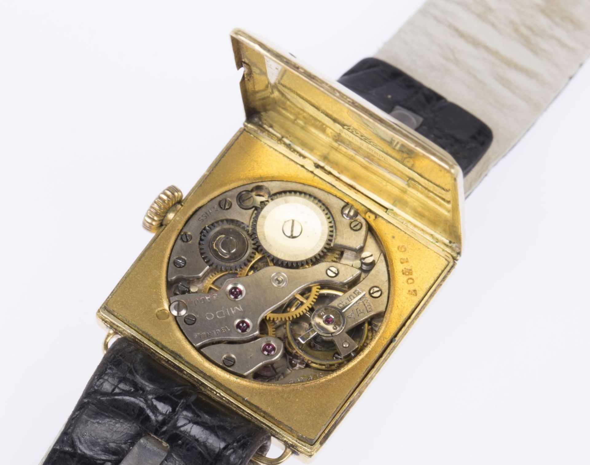 Armbanduhr Gehäuse aus Gelbgold 750. Quadratisches Zifferblatt mit arab. Ziffern. Kleine Sekunde auf - Image 3 of 4