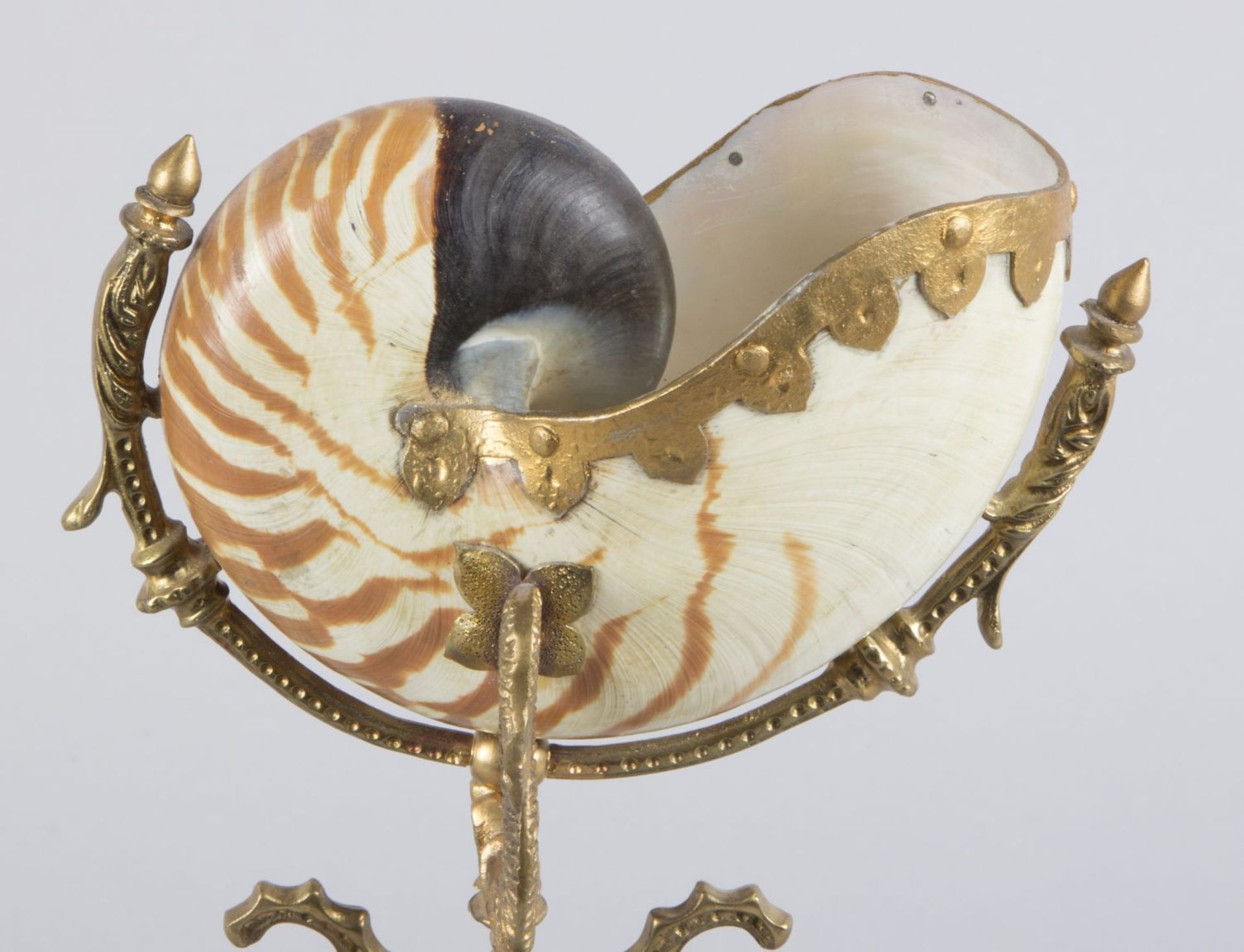 Nautilus-Pokal Nautilus pompilius. Montierung aus Metall, vergoldet. Halterung in Form von 2 Delfine - Bild 2 aus 2