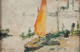 Jamar, Aarmand-Gustave-Gérard. 1870 - 1946 Anlegendes Segelboot. Öl/Holz. Sign. und dat. 1931. 19 x 