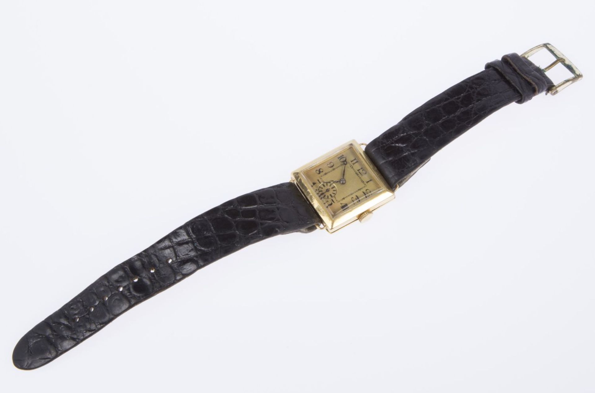 Armbanduhr Gehäuse aus Gelbgold 750. Quadratisches Zifferblatt mit arab. Ziffern. Kleine Sekunde auf - Image 4 of 4