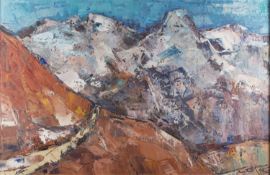 Prähofer, Hans. 1920 Traunstein - München 2005 Berge. Acryl/Hartfaser. Sign. und dat. (19)80. 65 x 1