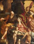 Italien, 18. Jh. Die Heilige Familie und der Johannesknabe. Öl/Holz. 44 x 33,5 cm. Gerahmt. Stark ve