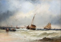 Webb, William Edward. 1862 -  1903 Anlegende Fischerboote bei stürmischer See. Öl/Holz. Sign. 29 x 4