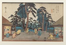 Hiroshige, Utagawa Aus den 49 Stationen des Kiro Kaido. Kol. Farbholzschnitt. Bez. 21 x 34 cm. Gerah