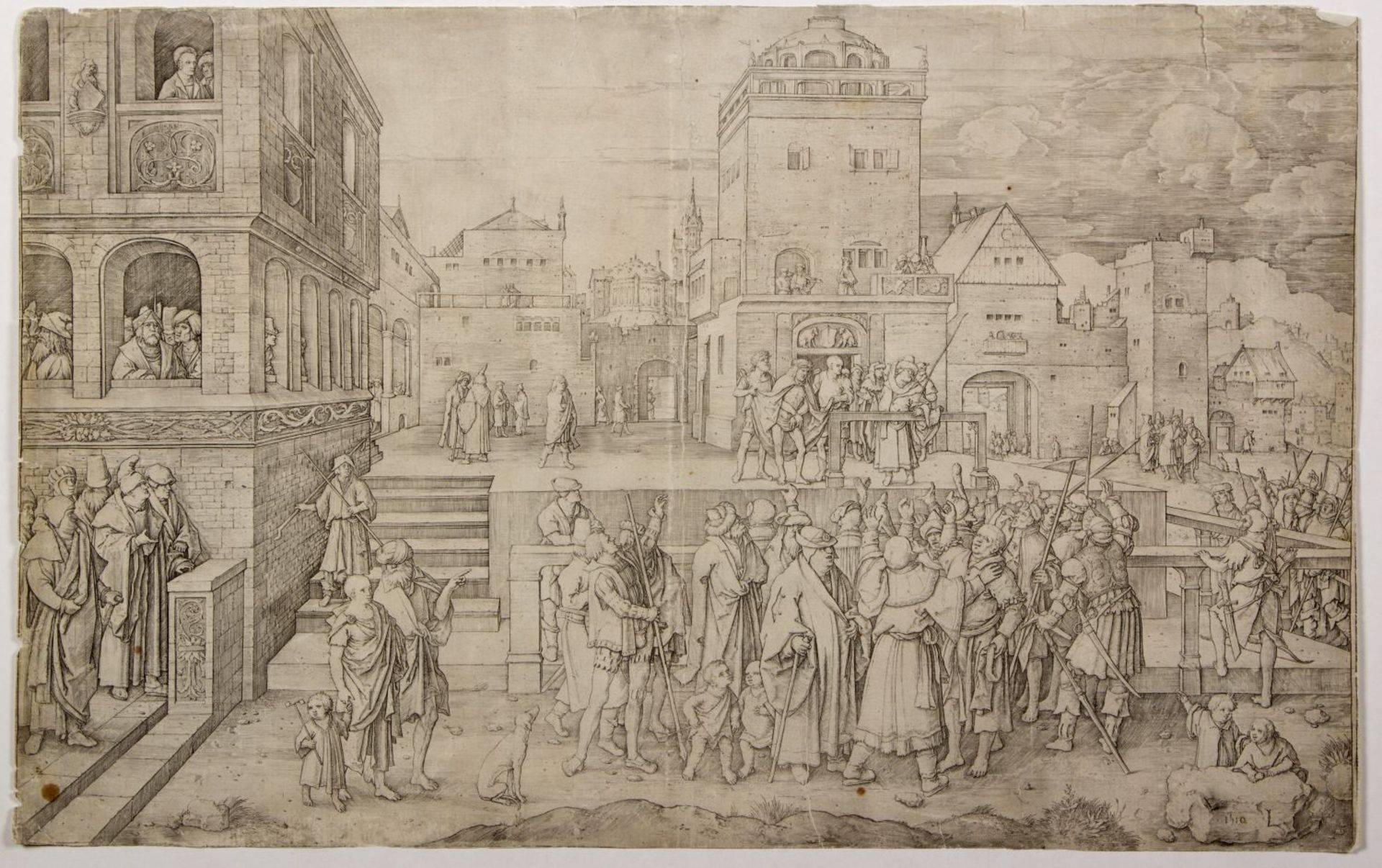 Leyden, Lucas van (?) Pilatus zeigt Christus dem Volk. Kupferstich. 29 x 45,5 cm. Beschn. und besch.