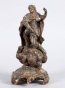 Heiligenfigur Holz, geschnitzt. Heiliger auf Wolkensaum mit Sockel. Südd., 18. Jh. H. 30 cm. Alterss