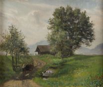 Graef, Georg. 1841 Sommerliche Landschaft mit einer Scheune. Öl/Lwd. Sign. 24,5 x 30 cm. Gerahmt.